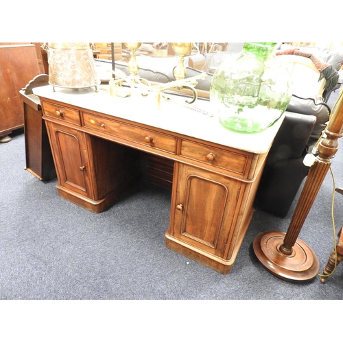 434 - Victorian mahogany and marble topped kneehole washstand, width 130cm, depth 54cm