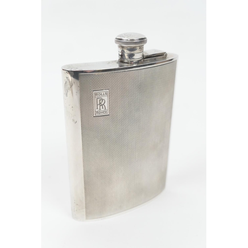 101 - Rolls Royce interest: Silver hip flask, Birmingham 1993, of curved form with bayonet hinged cap, eng... 