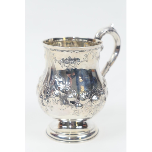 104 - Victorian silver baluster pint tankard, by George Unite, Birmingham 1866, repousse decorated with fo... 