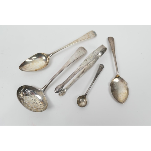 111 - George III silver Old English pattern sifting spoon, by William Bateman, London 1814; also a pair of... 