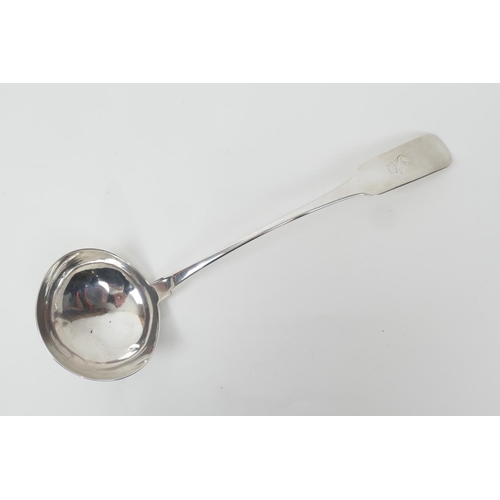 112 - George III Irish silver oar pattern soup ladle, maker RS, Dublin 1808, further stamped 'Kelly', engr... 