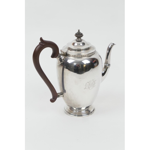 113 - George V silver coffee pot, by Elkington & Co., Birmingham 1923, ovoid form engraved with initials, ... 