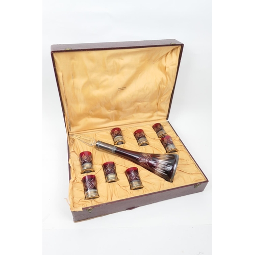 116 - Zivi Freres (Retailers, Paris), French silver mounted ruby overlay glass liqueur set, probably early... 