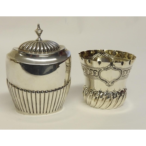 128 - Late Victorian silver lidded tea caddy, maker's mark rubbed, Birmingham 1896, half reeded oval form ... 