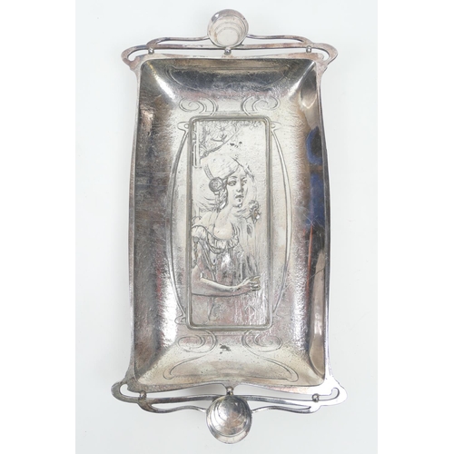 177 - Art Nouveau silver plated pewter tray, rectangular form, worked in low relief with a girl holding a ... 