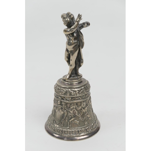 181 - Elkington & Co. silver plated table bell, surmounted with a cherub figure, the bell further worked w... 