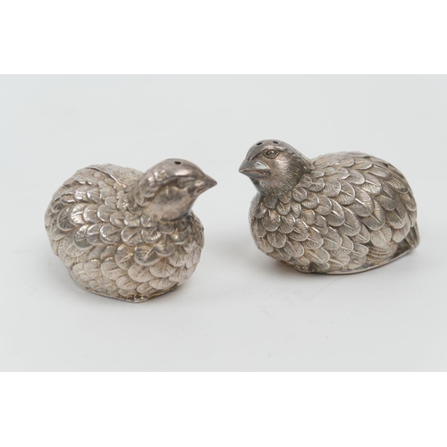 190 - Pair of Japanese white metal quail condiments, Taisho (1912-26), unmarked, 7cm