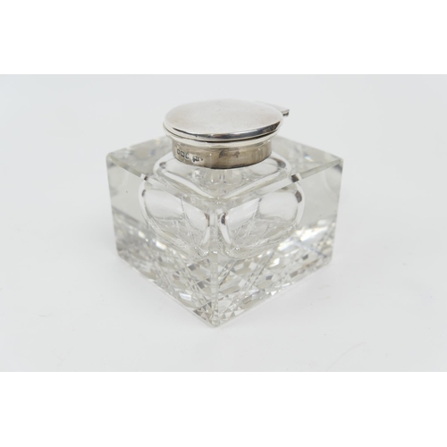 191 - Edwardian silver mounted heavy glass inkwell, by Walker & Hall, Sheffield 1908, width 7cm, height 7.... 