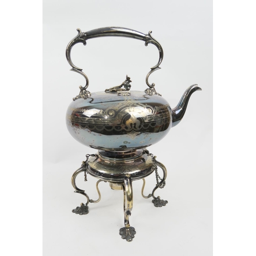 196 - Victorian electroplated spirit kettle on stand, circa 1875, of bun shape surmounted with a flower fi... 