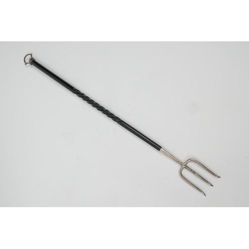 202 - George V silver and ebony toasting fork, Sheffield 1924, with a silver ring for suspension, 42.5cm