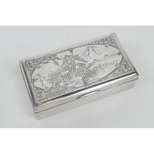 207 - Japanese white metal cigarette box, Taisho (1912-26), rectangular form, the cover worked with fisher... 