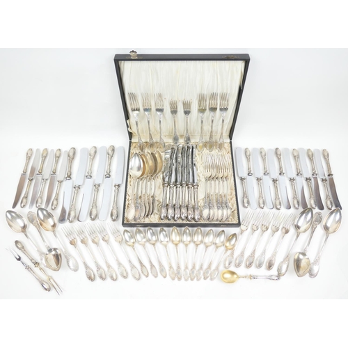 216 - Continental 800 standard silver part canteen of cutlery, circa 1900, in a Rococo Revival pattern, co... 