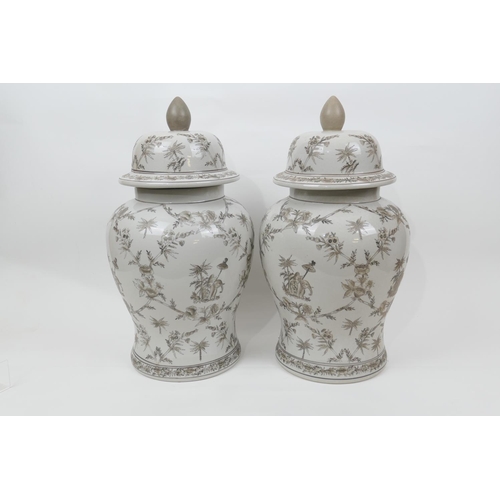22 - Pair of decorative chinoiserie style lidded ceramic jars (modern), height 53cm
