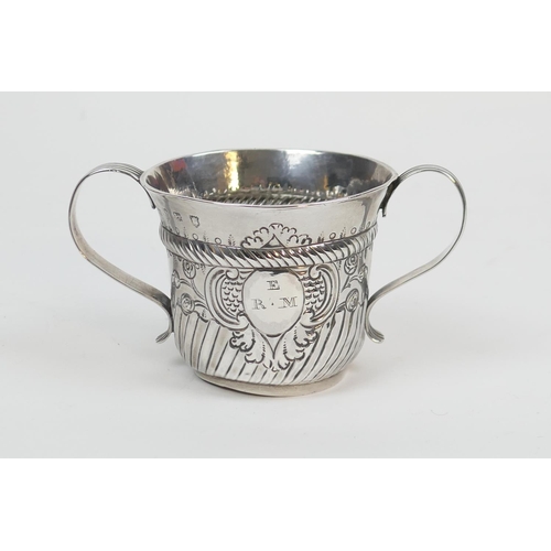 220 - George II silver porringer, maker John Berthelot, London 1750, traditional reeded twin handles on a ... 