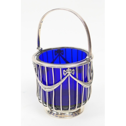 223 - Edwardian silver small sugar basket, London 1901, circular cage form with ribbon swags and swing han... 