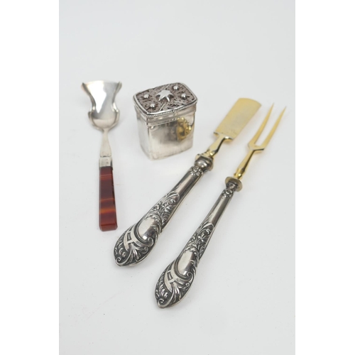 224 - Continental silver sugar spoon, with red agate handle, 14.5cm; also a continental 800 standard silve... 