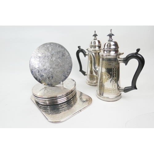 225 - Silver plated coffee pot and matching hot water jug in Queen Anne style, mid 20th Century, height 27... 