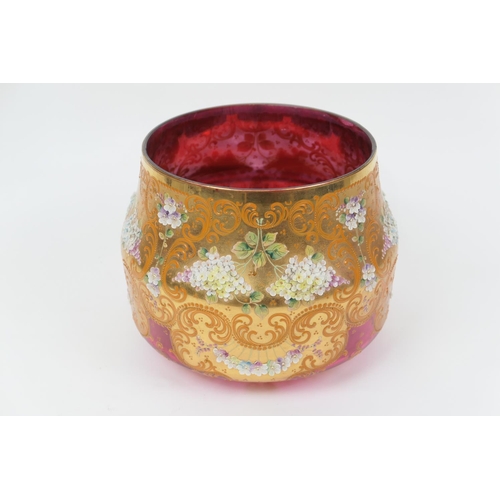 32 - Venetian enamelled and gilded cranberry glass jardiniere, decorated with lilac blossom and Rococo sc... 