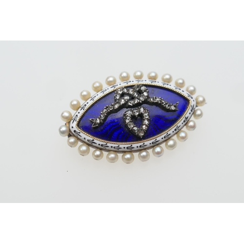 388 - Victorian enamelled and pearl sweetheart brooch, circa 1880, navette form centred with a heart and a... 