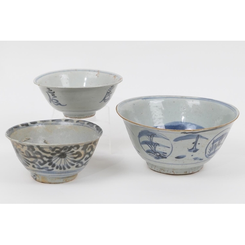 4 - Provincial Chinese blue and white bowl, 17th Century, 19.5cm; also a further Chinese blue and white ... 