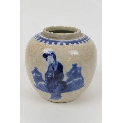 41 - Chinese crackle glazed ginger jar, with underglaze blue decoration of a solitary figure, Kangxi four... 