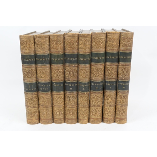 410 - William Shakespeare eight gilt tooled leather bound volumes, pictorial editions, edited by Charles K... 