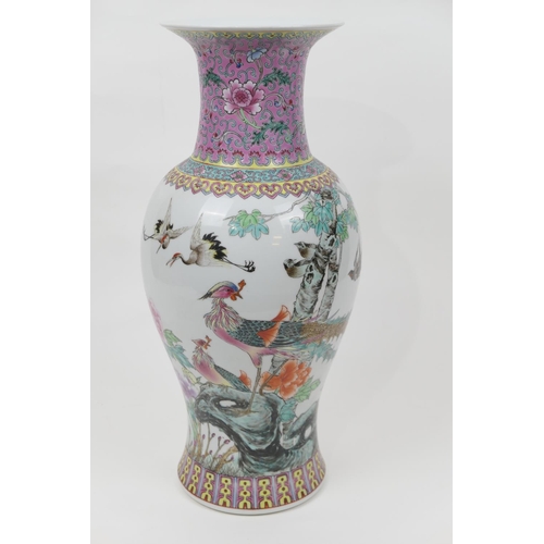 44 - Chinese Republic porcelain vase, ovoid form with a pink glazed trumpet neck, decorated with exotic p... 