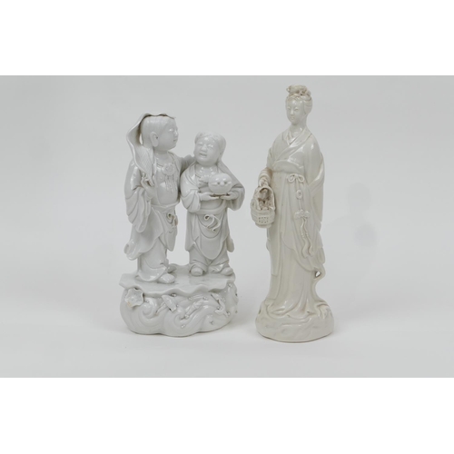 5 - Chinese blanc de chine figure group, depicting two boys on a lotus leaf and watery base, height 23.5... 