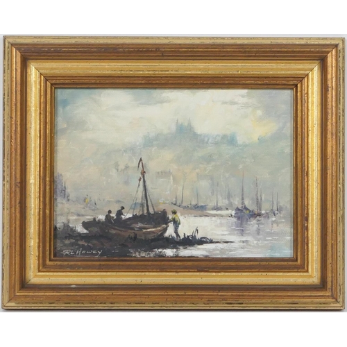 567 - Robert Leslie Howey (1900-81), Two views, boats on a river, oils on canvas board, signed, 13cm x 18c... 