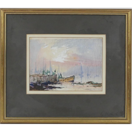 568 - Robert Leslie Howey (1900-81), Three watercolours, two of boating scenes, the other of figures outsi... 