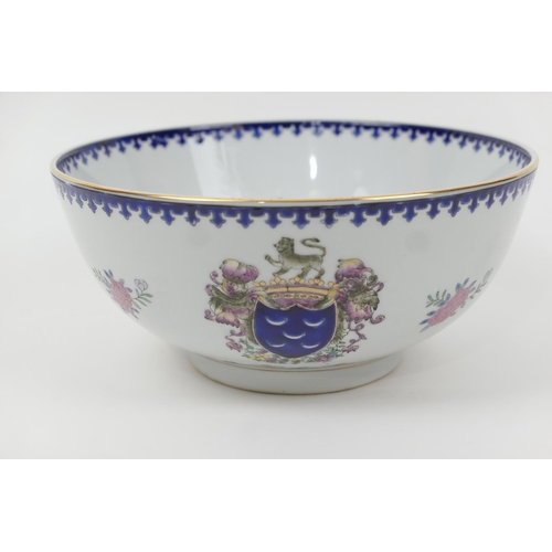 58 - Porcelain bowl, in the Chinese style, decorated with arms and floral sprays in famille rose colours,... 