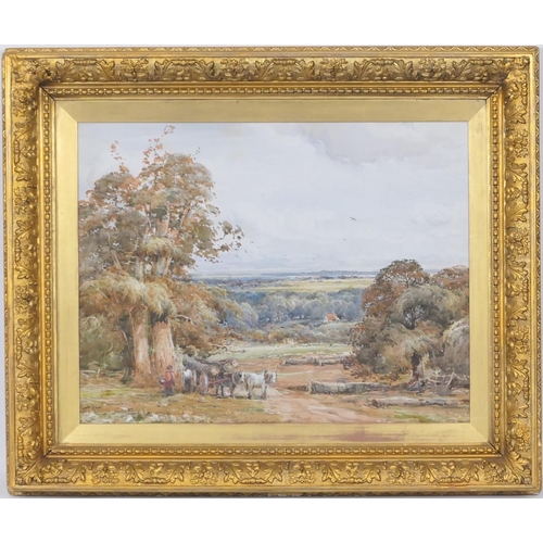 581 - Claude Hayes (1852-1922), Logging on the Sussex Downs, watercolour, signed, 48cm x 61cm