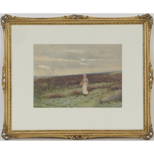 619 - Alice Squire (1840-1936), Figure on the moors, watercolour, signed with initials, 18cm x 25cm