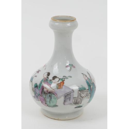 64 - Chinese famille rose small vase, late 19th Century, decorated with figures in a fenced garden, 13.5c... 