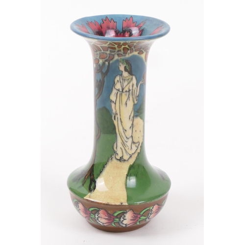 66 - Wileman Foley Intarsio small vase, no. 3554, decorated with a figure walking within a garden in colo... 