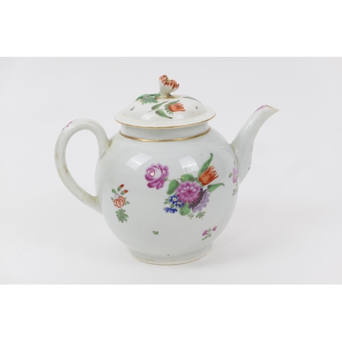 68 - Worcester polychrome teapot and cover, circa 1770, decorated with floral sprays and with a bud finia... 