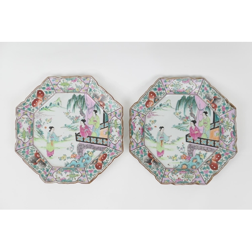 69 - Pair of Japanese octagonal plates, late Meiji/Taisho (1868-1926), decorated with Bijin on a balcony ... 