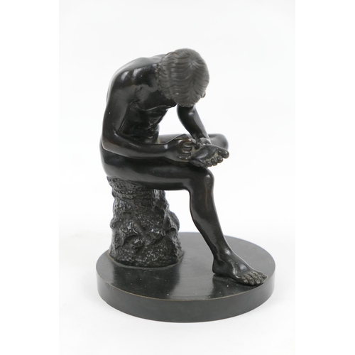 694 - After the Antique, a Grand Tour bronze figure of Spinario, dark brown patina, 14cm