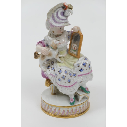 71 - Meissen porcelain figure, late 19th Century, modelled as a girl seated with a pet dog and a mirror, ... 