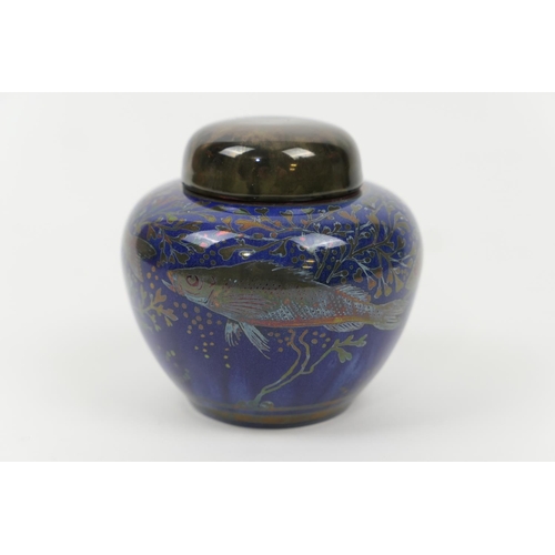 73 - Pilkingtons Royal Lancastrian small covered jar, by R Joyce, circa 1914-38, decorated with bass swim... 