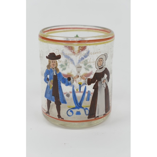 76 - Dutch enamelled glass beaker, 18th or 19th Century, cylinder form decorated with a merchant man and ... 