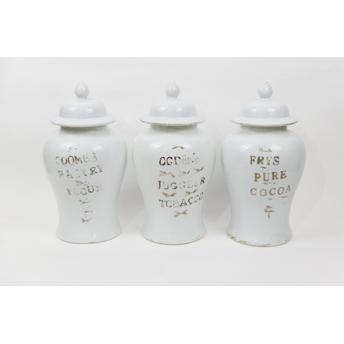 81 - Three Chinese made porcelain lidded jars, labelled for the British retail market, each of plain inve... 