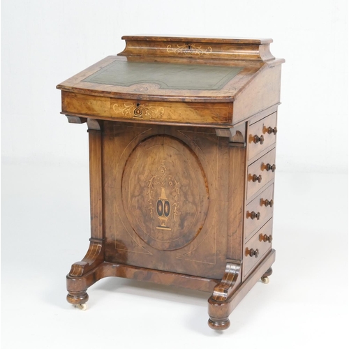 874 - Victorian burr walnut and inlaid davenport, the top with tooled green leather writing slope and lift... 