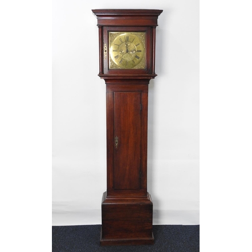 877 - Walnut 30 hour longcase clock, 18th Century, with a brass 11 inch dial with matted centre and date a... 