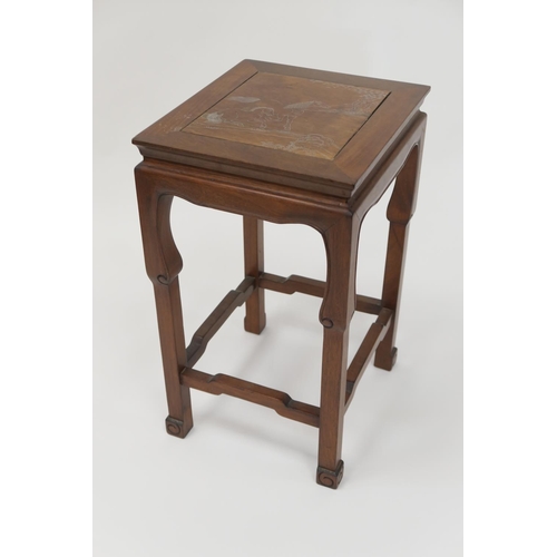 879 - Chinese hardwood low occasional table, almost square form with silver inlay depicting wild horses, r... 