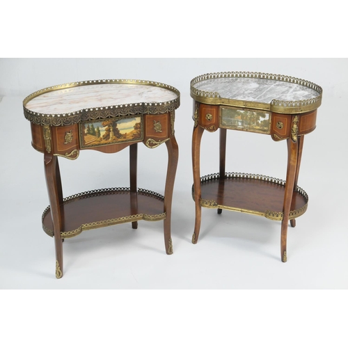 881 - Two similar French walnut and marble topped kidney shaped night tables, late 20th Century, the marbl... 