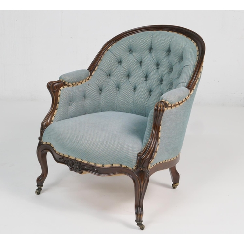 885 - French walnut and blue fabric upholstered tub chair, circa 1900, deep buttoned bow back, upholstered... 