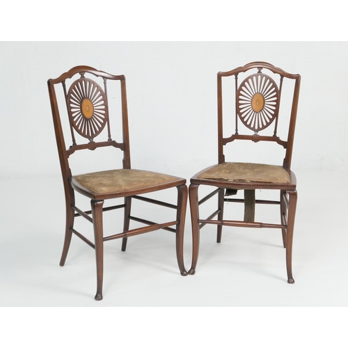 888 - Pair of late Victorian mahogany and inlaid side chairs, in the Sheraton Revival style, pierced and i... 