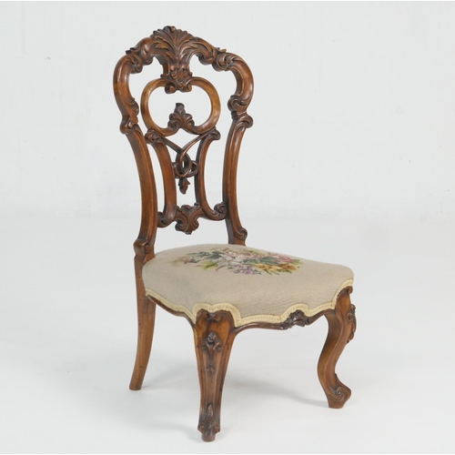 892 - Victorian walnut child's chair, circa 1850, carved acanthus back with gross point needlework seat, r... 