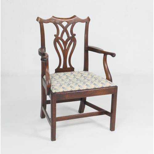 896 - George III walnut and elm armchair, circa 1780-1810, having a shaped top rail and pierced splat, ope... 